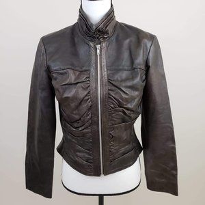 JOVI Pleated Collar Full Zip Leather Jacket Brown